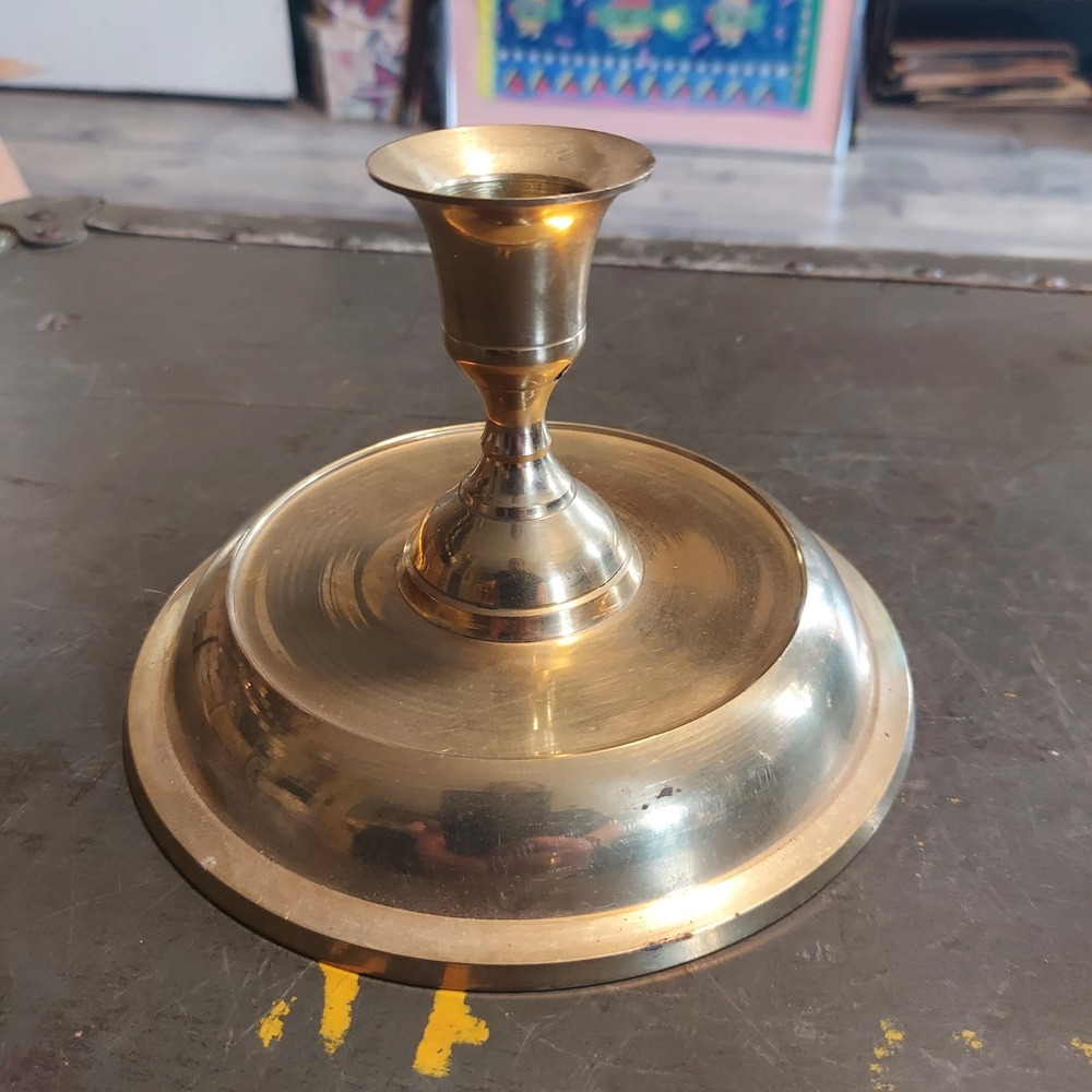 Hosley Vintage Brass Taper Candle Holder 5 Inch Round Tiered Base Gold India